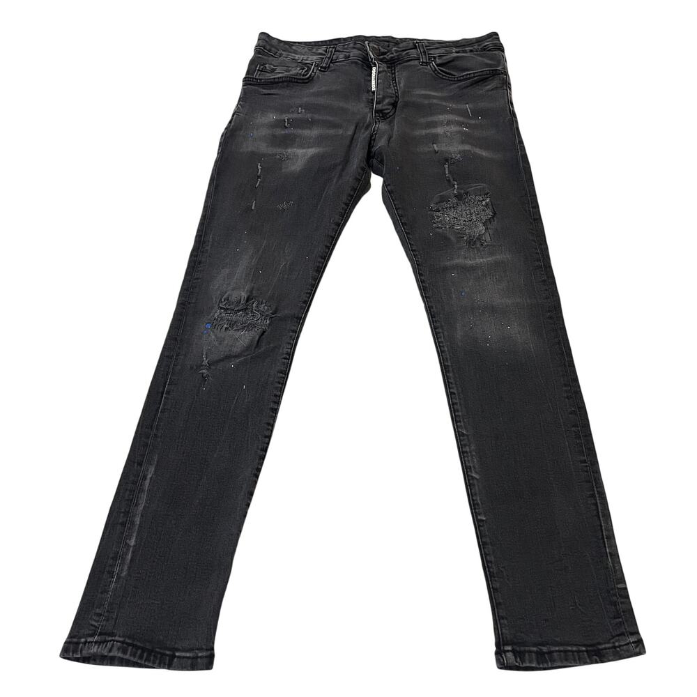 16-78 DSQUARED2 Paint Splatter Skater Distressed Jeans Black 36x29